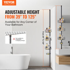 Adjustable stainless steel shower corner caddy tension pole from 39 to 125 inches with multiple trays.