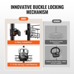 Close-up of stainless steel shower caddy pole with buckle locking and strong load-bearing basket.