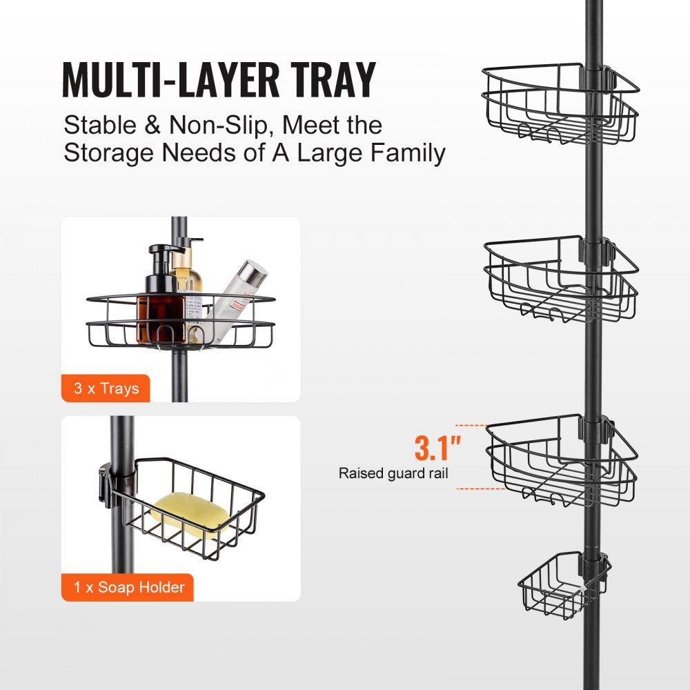 Adjustable stainless steel shower corner caddy tension pole with three trays and soap holder.