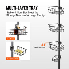Adjustable stainless steel shower corner caddy tension pole with three trays and soap holder.