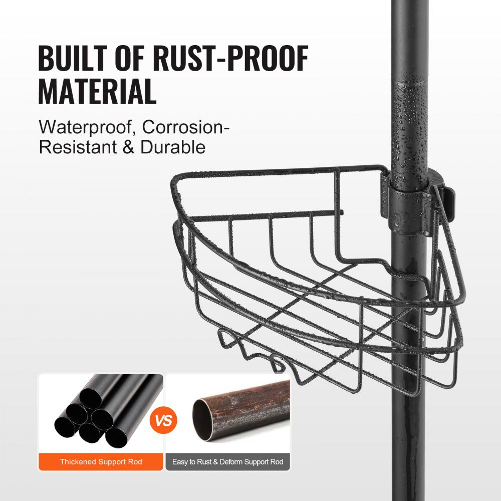 Adjustable stainless steel shower corner caddy with tension pole and wire basket.