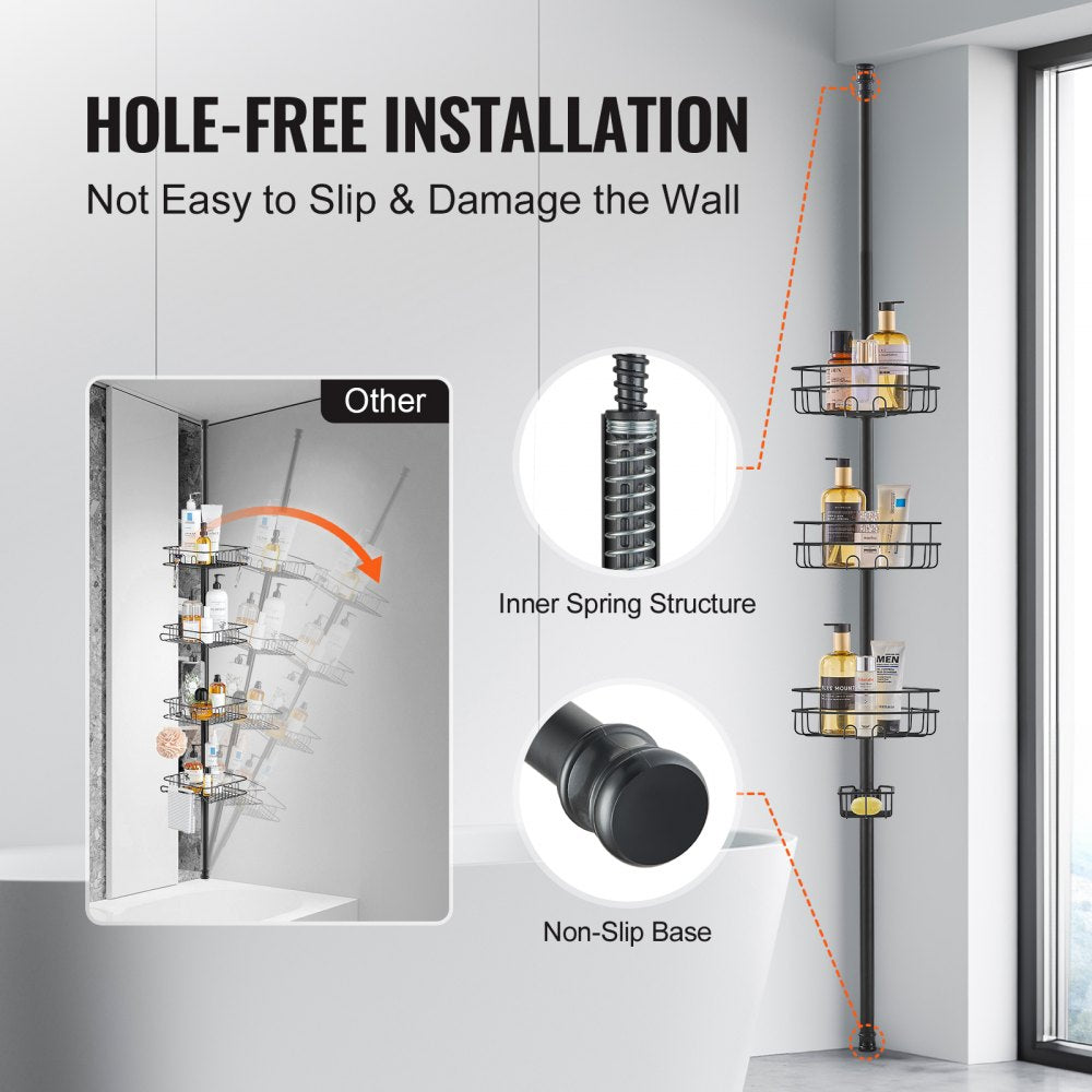 Adjustable stainless steel shower corner caddy tension pole with three shelves, mounted in a bathroom corner.