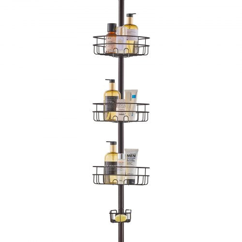 Adjustable shower corner caddy tension pole with three trays and a soap holder, rust-proof design.