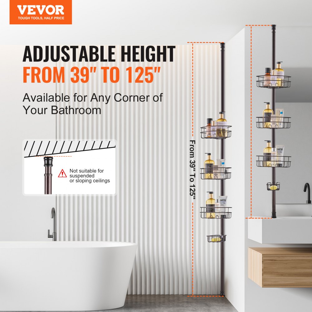 Adjustable shower corner caddy tension pole with three trays and soap holder for organized storage.