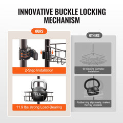 Adjustable shower corner caddy tension pole with three trays and soap holder, rust-proof design.