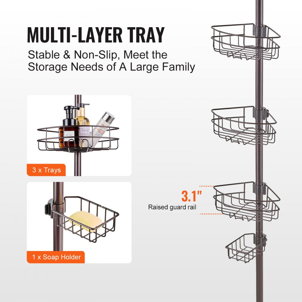 Adjustable shower corner caddy tension pole with three trays and rust-proof design.
