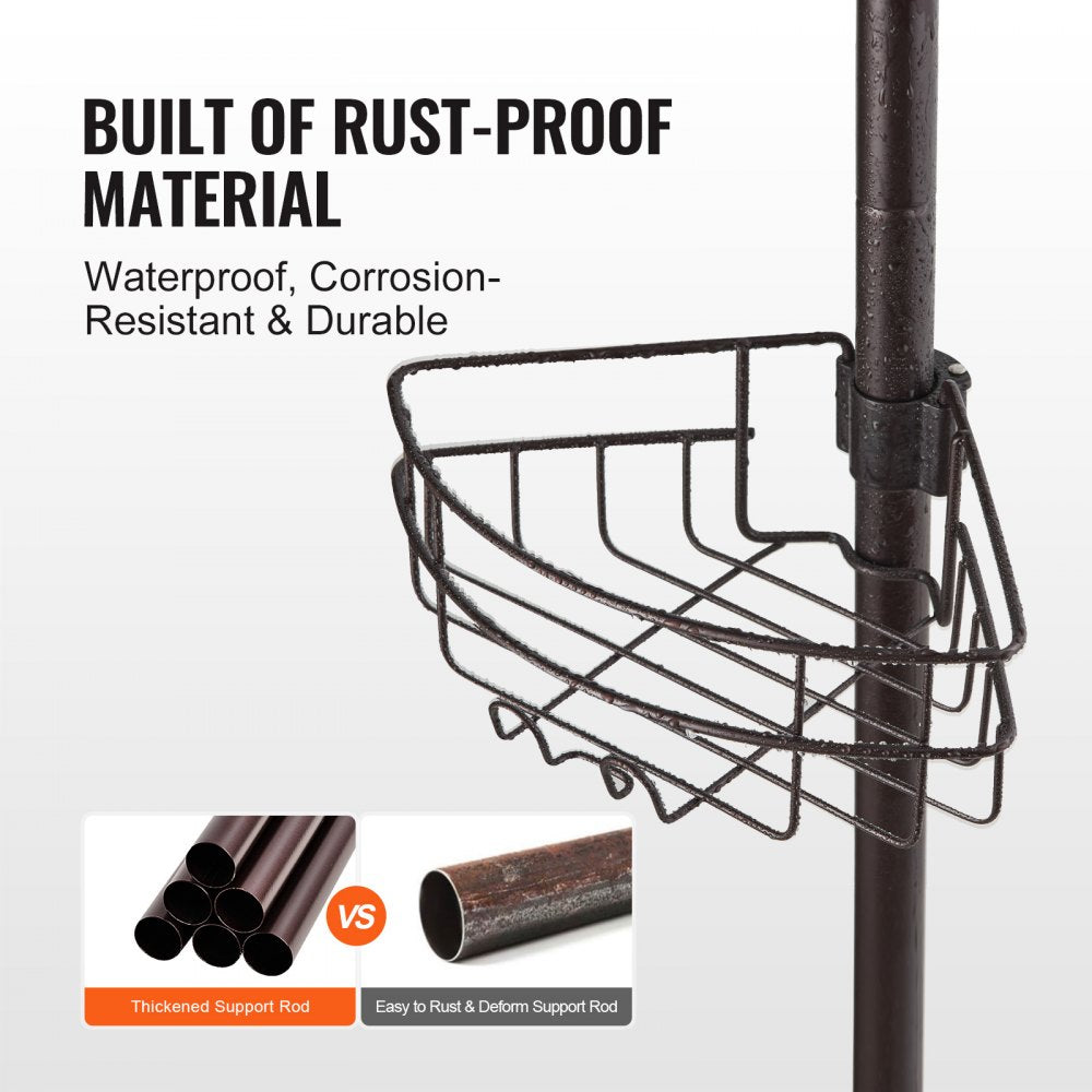 Adjustable shower corner caddy tension pole with three trays and rust-proof design.