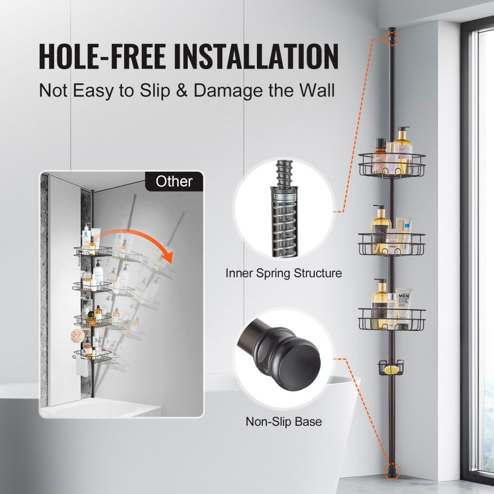 Adjustable shower corner caddy tension pole with three trays and rust-proof stainless steel.