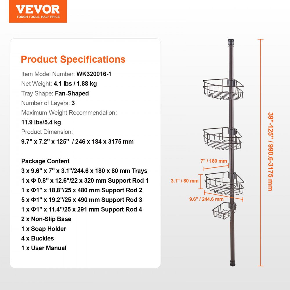 Adjustable shower corner caddy tension pole with three trays and soap holder, rust-proof design.