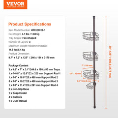 Adjustable shower corner caddy tension pole with three trays and soap holder, rust-proof design.