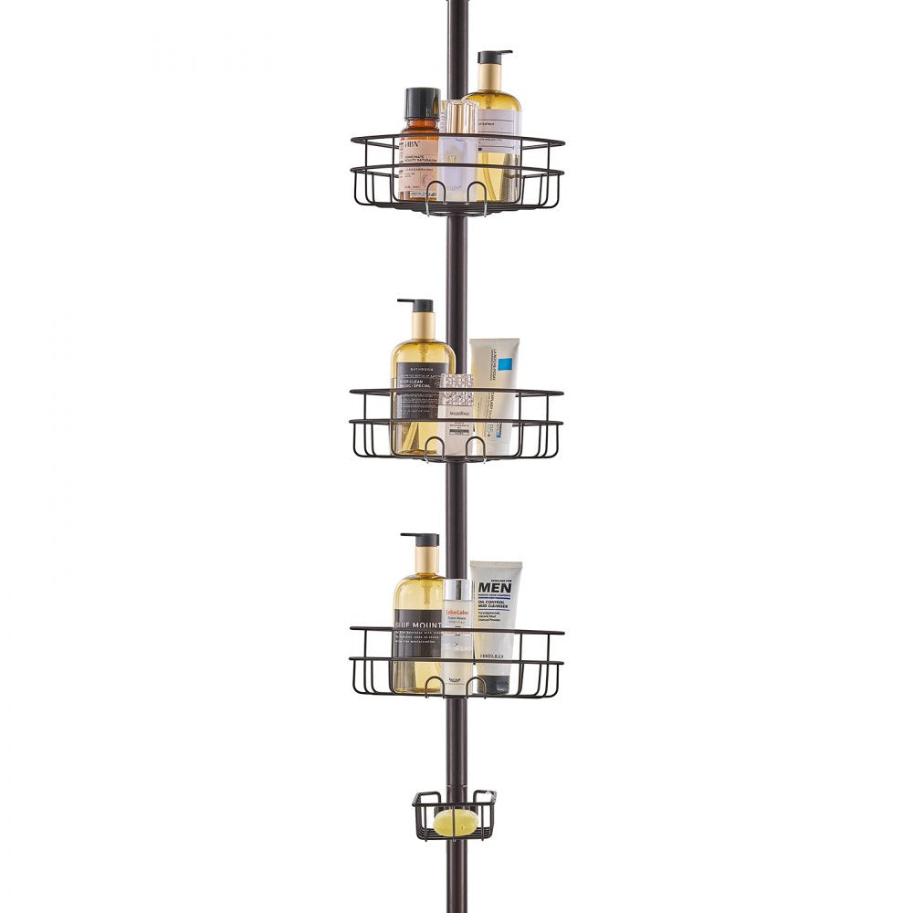 Adjustable shower corner caddy with three trays and a soap holder, rust-proof and tension-mounted.