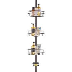 Adjustable shower corner caddy with three trays and a soap holder, rust-proof and tension-mounted.