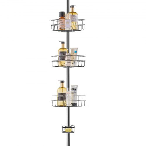 Adjustable stainless steel shower tension pole caddy with three wire baskets holding bottles and soap.