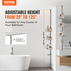 Adjustable stainless steel shower corner caddy with three trays and tension pole from 39 to 125 inches.