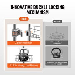 Comparison of shower caddy tension pole: ours with 2-step buckle locking, 11.9 lbs load-bearing tray holding kettlebell; others with 90-second complex install and unstable rubber ring tray.
