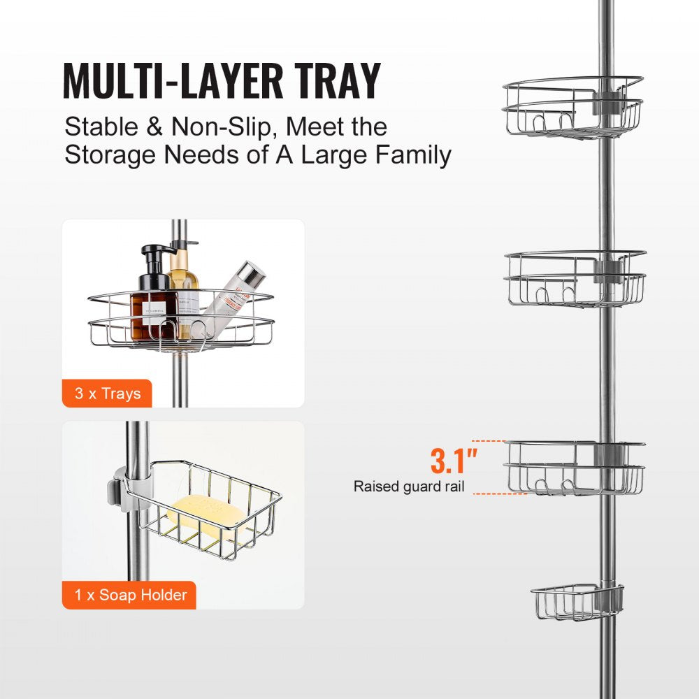 Adjustable stainless steel shower pole with three trays and one soap holder for corner storage.