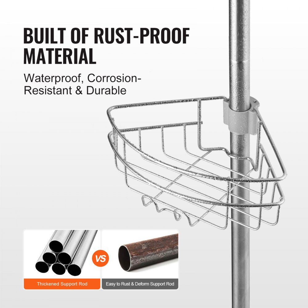 Adjustable stainless steel shower corner caddy with rust-proof tension pole and wire baskets.