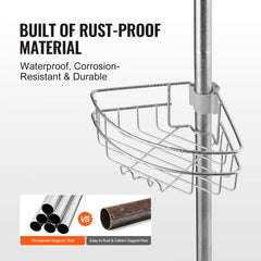 Adjustable stainless steel shower corner caddy with rust-proof tension pole and wire baskets.