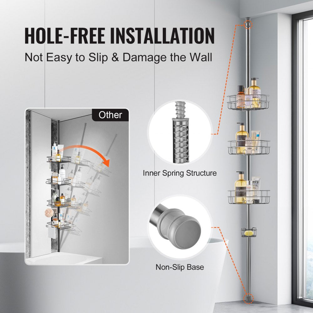 Adjustable stainless steel tension pole shower caddy with three trays and soap dish in corner bathroom.