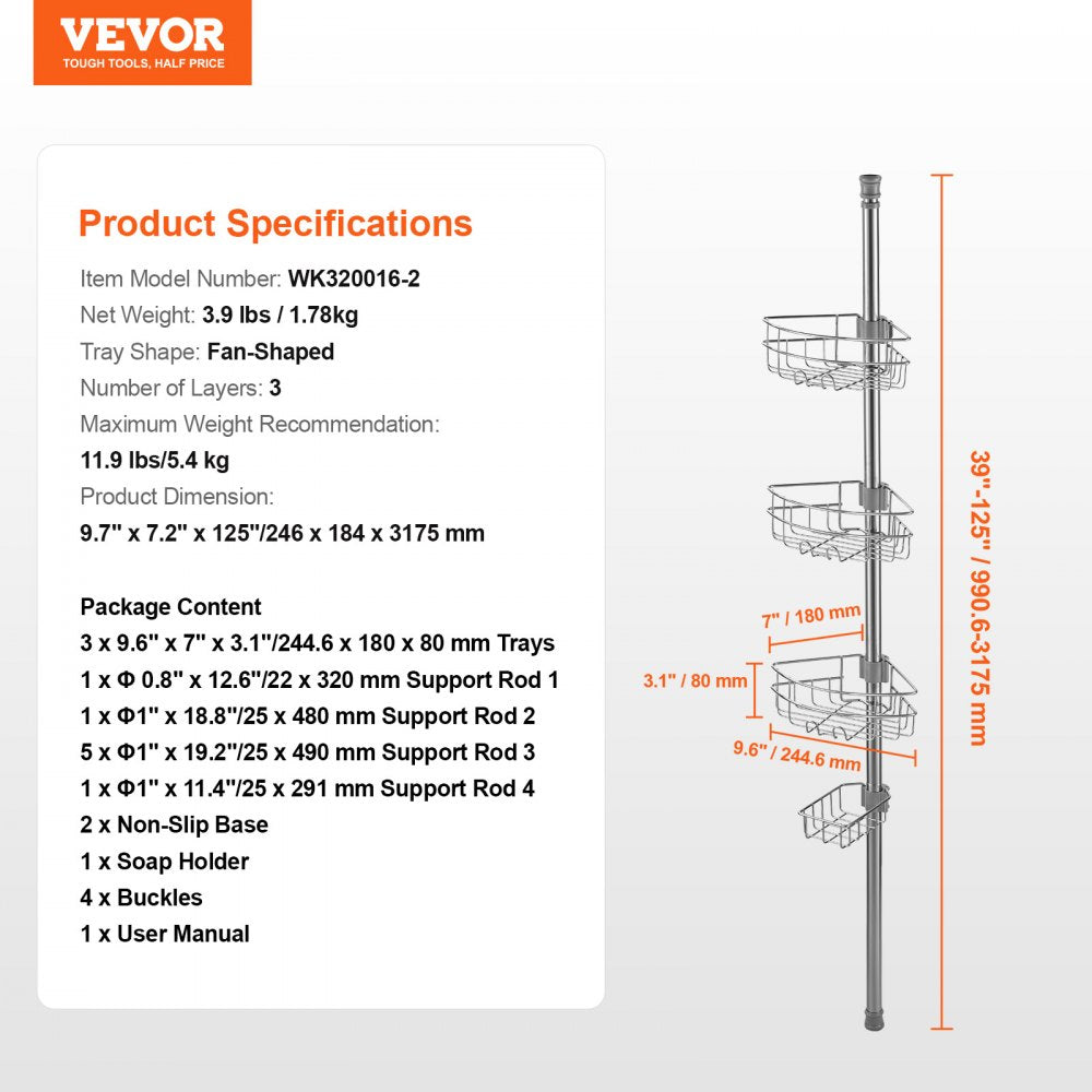 Adjustable stainless steel shower corner caddy tension pole with three fan-shaped trays.