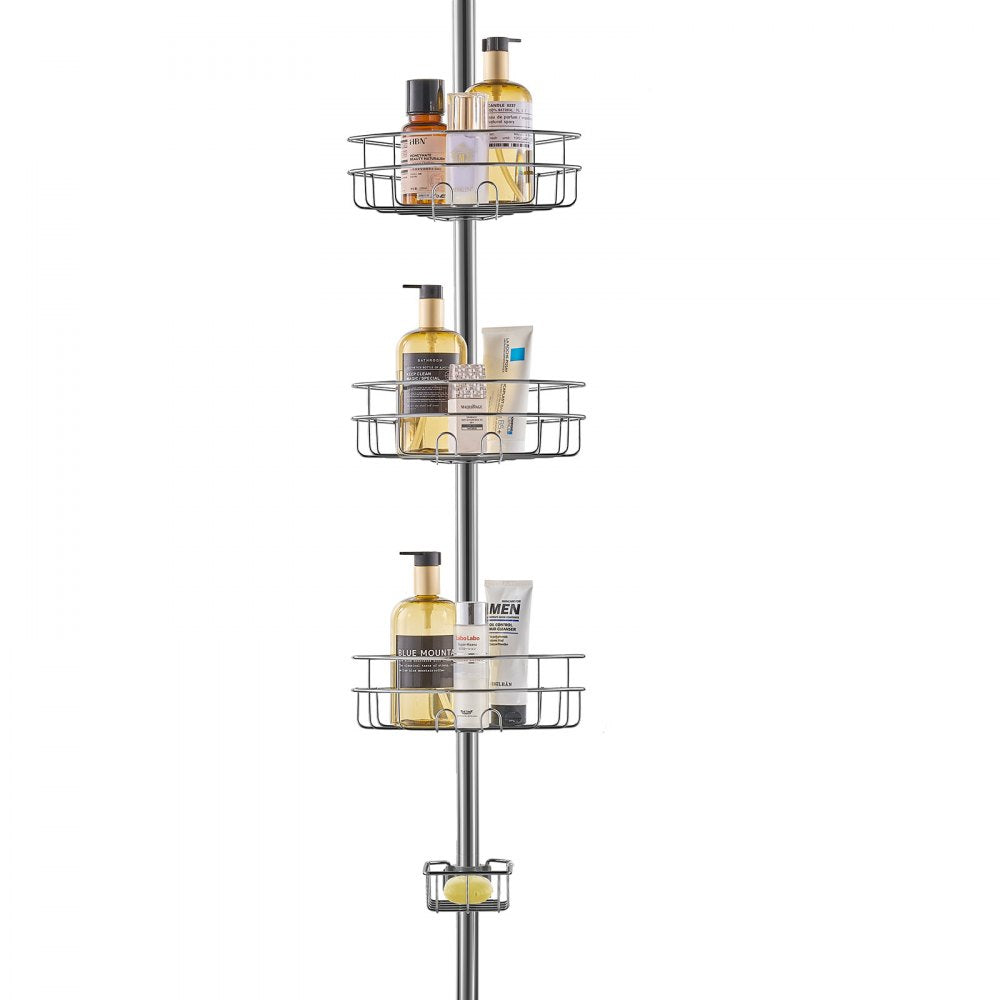Adjustable stainless steel shower tension pole caddy with three wire baskets and soap dish.