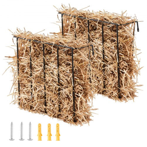 Two wall-mounted 24-gallon hay feeders made of black metal wire with hay inside, plus screws and anchors.