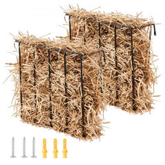 Two wall-mounted 24-gallon hay feeders made of black metal wire with hay inside, plus screws and anchors.