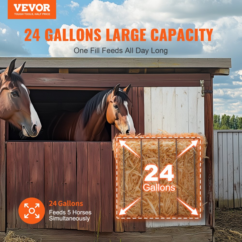 Wall-mounted 24-gallon hay feeder for horses and goats, shown with horses eating hay.
