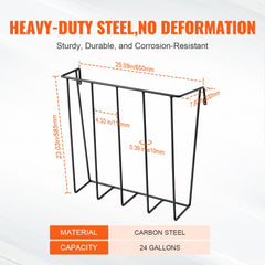 Wall-mounted 24-gallon steel hay feeder for horses and goats with dimensions.