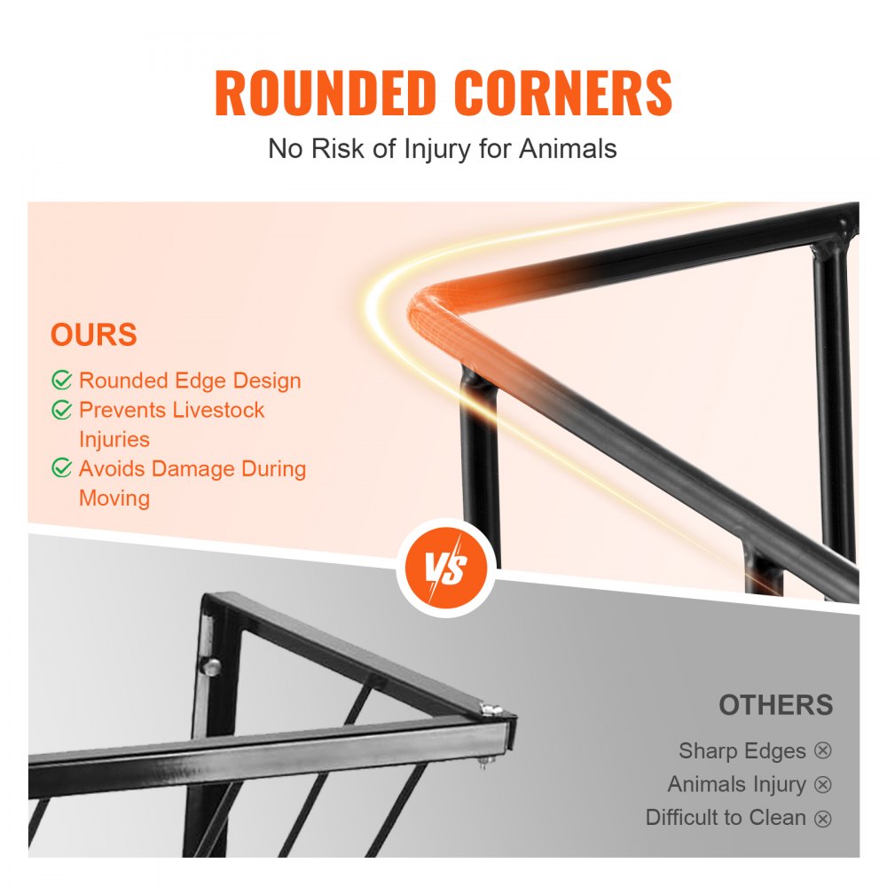 Comparison graphic showing wall-mounted hay feeder's rounded edges preventing animal injury versus sharp-edged competitors.
