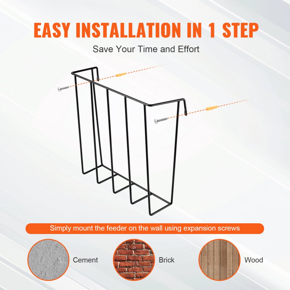 Wall-mounted hay feeder with four slots, easy 1-step installation using expansion screws on cement, brick, or wood.