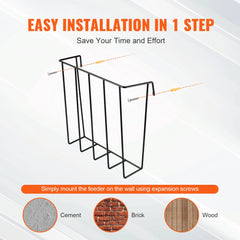 Wall-mounted hay feeder with four slots, easy 1-step installation using expansion screws on cement, brick, or wood.