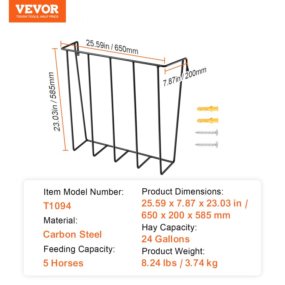 Wall-mounted steel hay feeder with 24-gallon capacity for 5 horses.