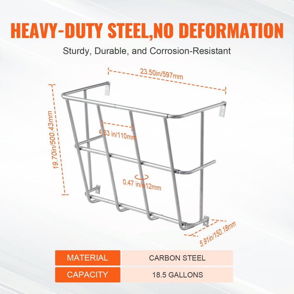 Wall mounted steel hay feeder for horses and goats with 18.5 gallon capacity and rounded edges.