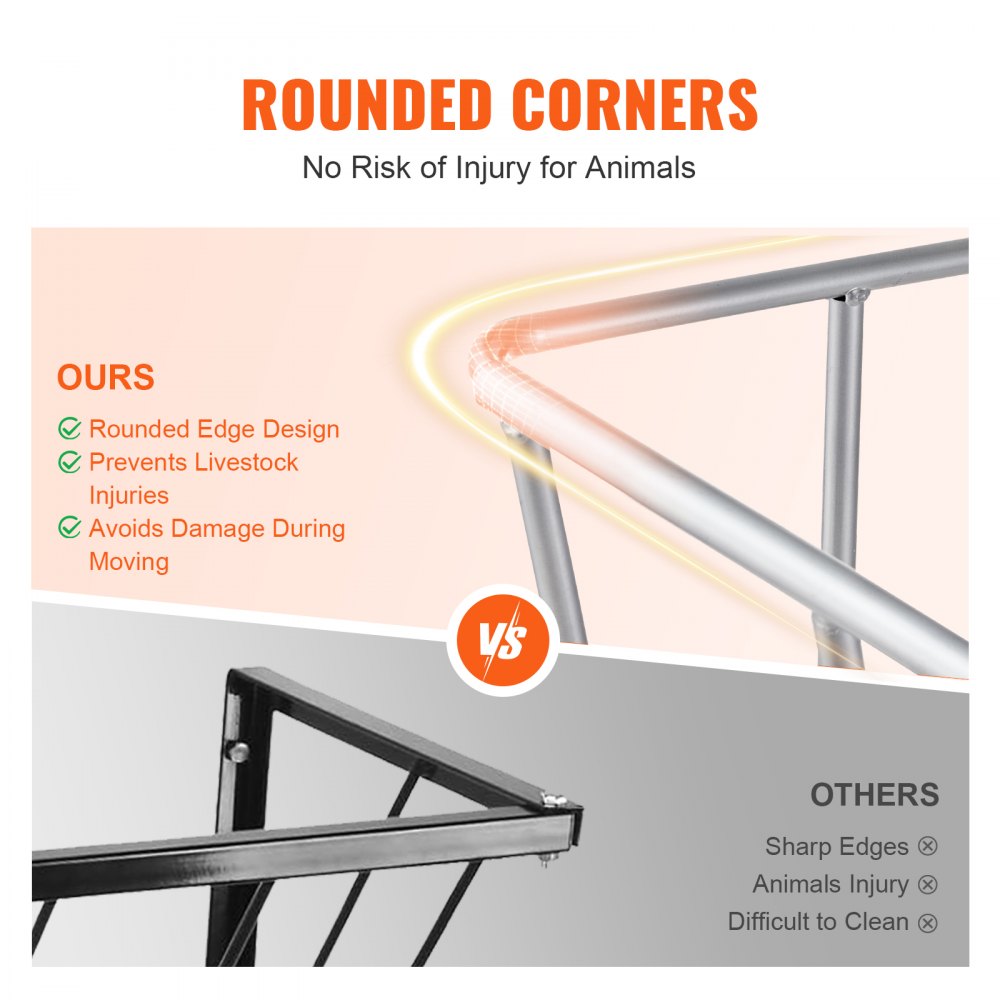 Comparison graphic showing rounded edges on Bostome hay feeder preventing livestock injuries versus sharp edges on others.