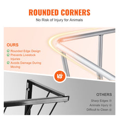 Comparison graphic showing rounded edges on Bostome hay feeder preventing livestock injuries versus sharp edges on others.