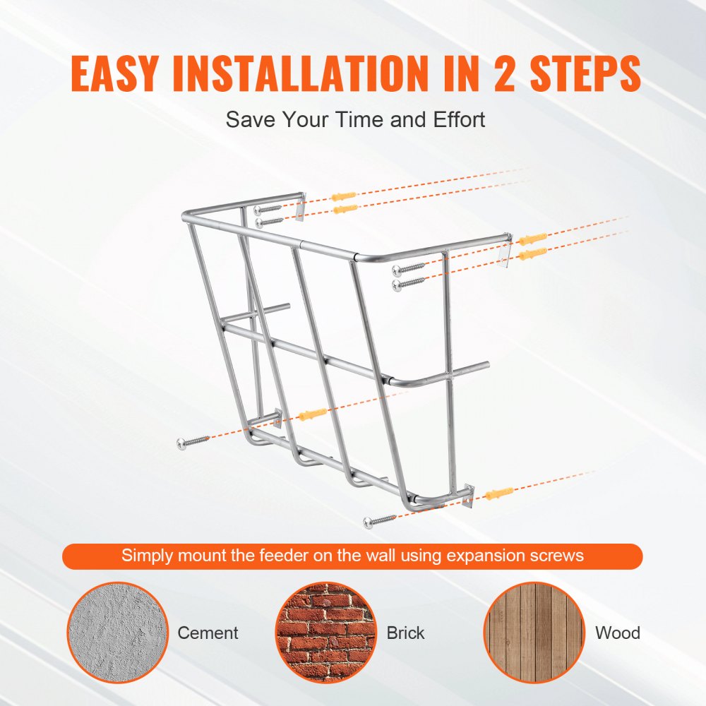 Wall-mounted hay feeder made of steel, showing easy 2-step installation on cement, brick, or wood with expansion screws.
