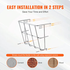 Wall-mounted hay feeder made of steel, showing easy 2-step installation on cement, brick, or wood with expansion screws.