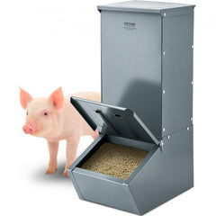 Galvanized steel hog feeder with open hopper containing feed, next to a pig.