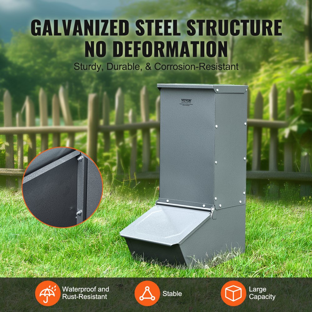 Galvanized steel hog feeder with 2.2-bushel capacity for up to 5 pigs, featuring a hopper and trough.