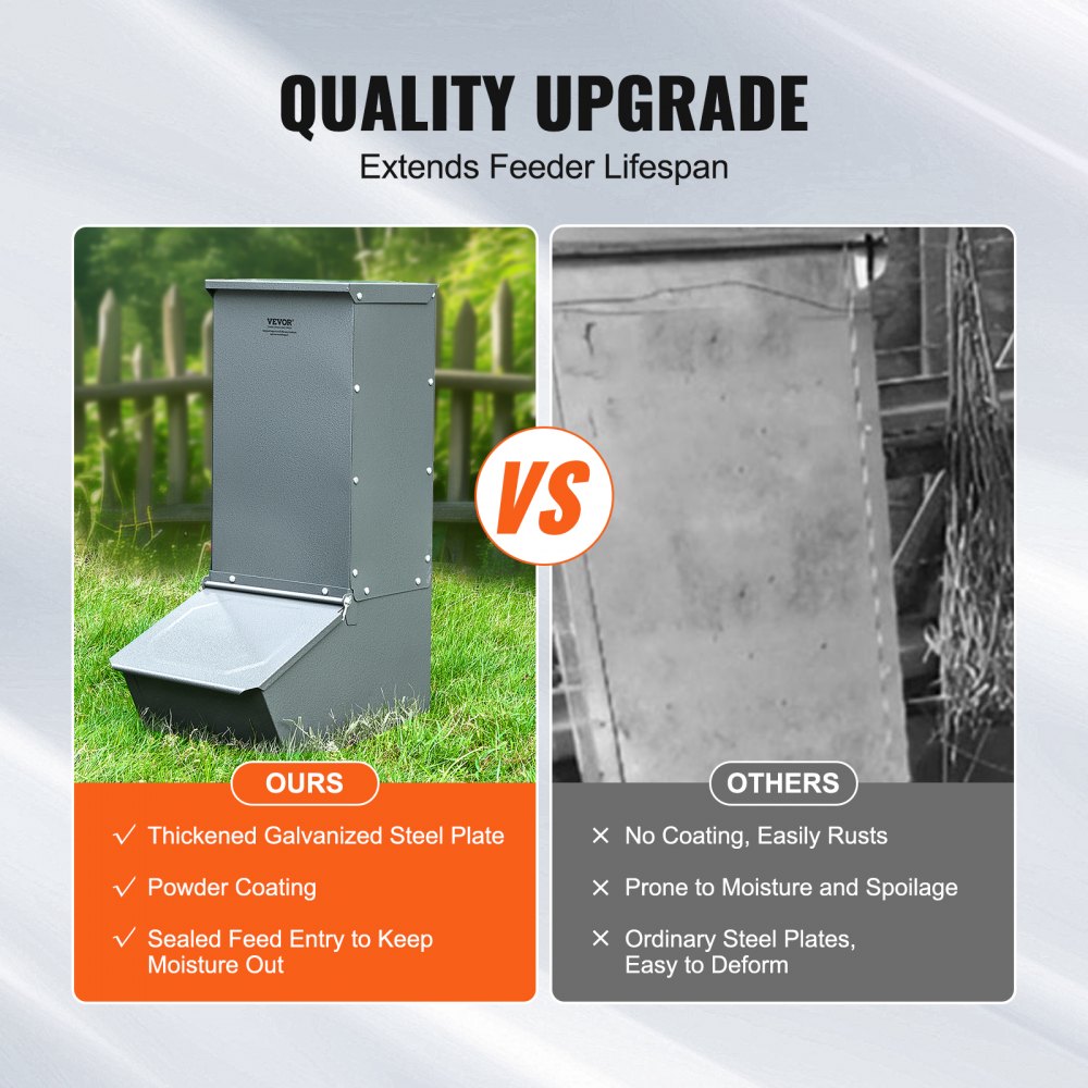 Comparison of galvanized steel hog feeder with powder-coated sealed plates versus ordinary prone-to-rust steel, highlighting durability and moisture resistance.