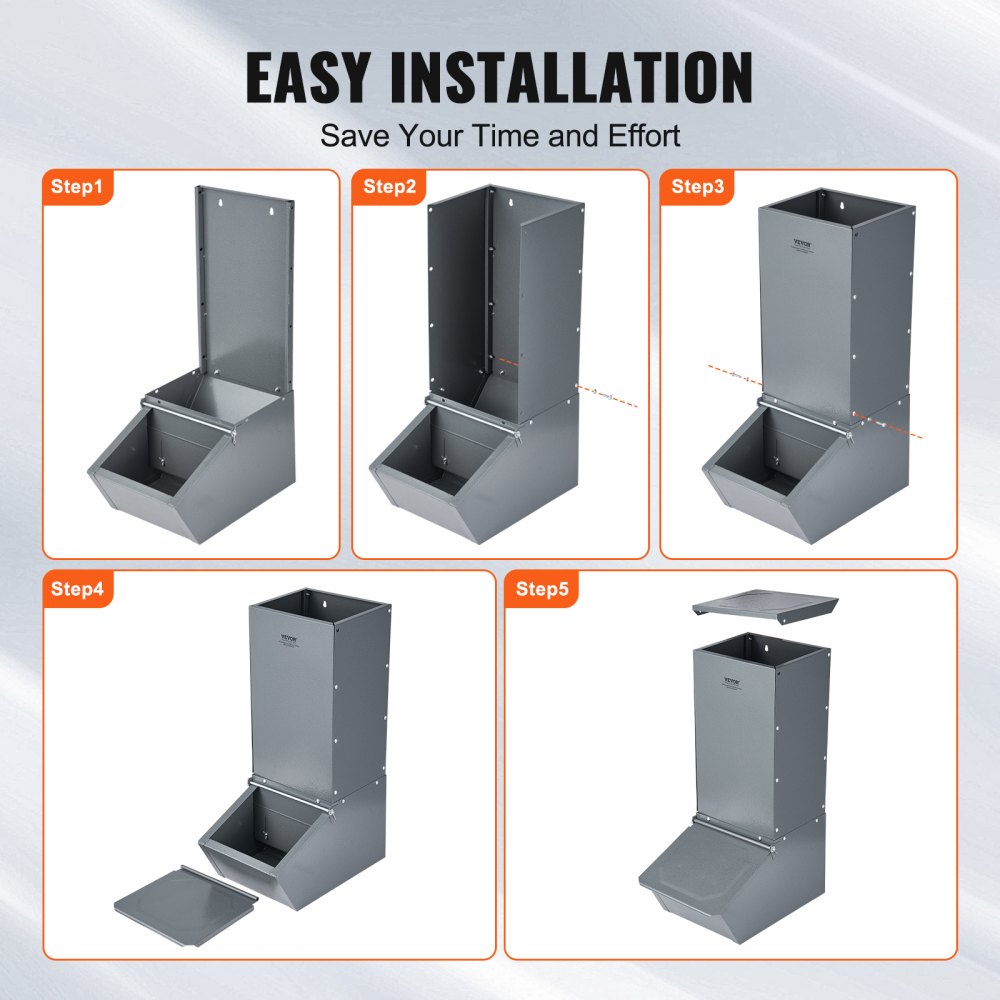 Step-by-step easy installation diagram of a galvanized steel hog feeder with hopper and trough.