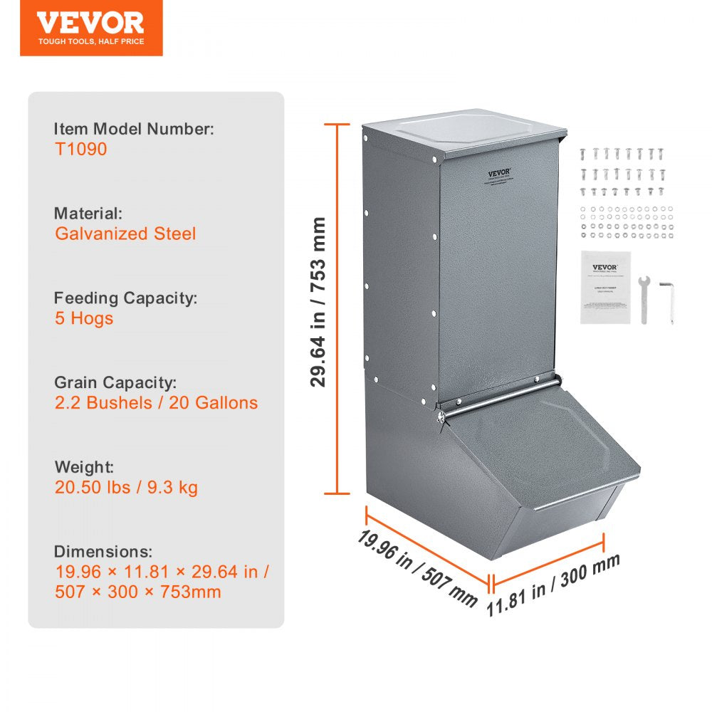 Galvanized steel hog feeder with 2.2 bushel capacity for 5 pigs, showing dimensions and features.