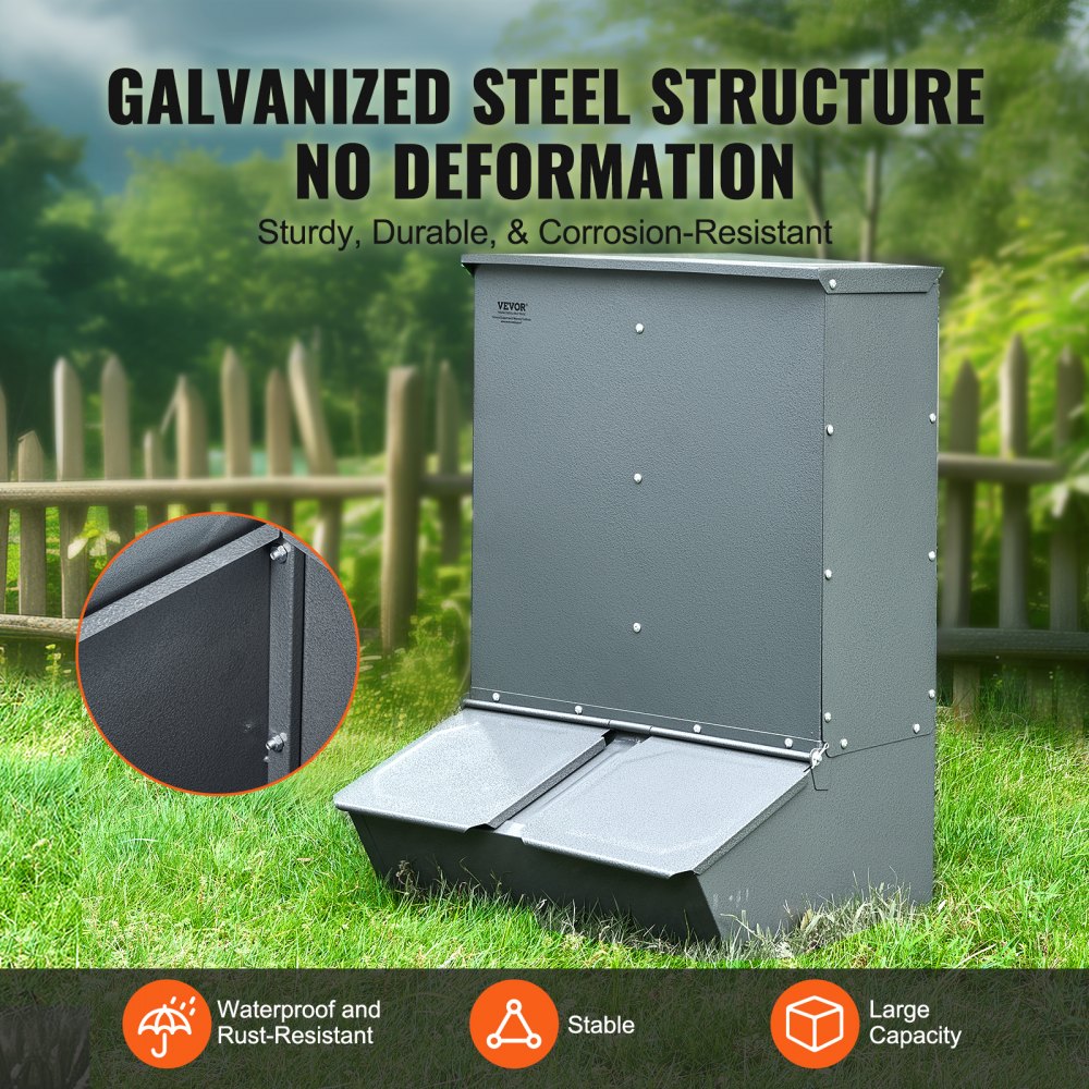 Galvanized steel hog feeder with a 3.7 bushel capacity for up to 8 pigs, featuring rolled edges.