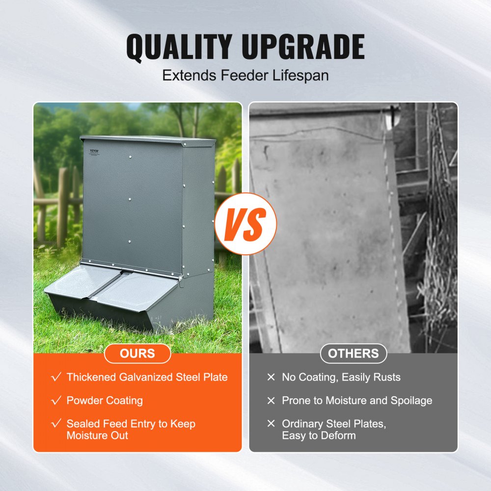 Galvanized steel hog feeder designed for 8 pigs with a rainproof double door and rolled edges.