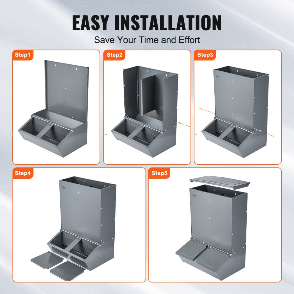Galvanized steel hog feeder designed for 8 pigs with a rainproof double door structure.