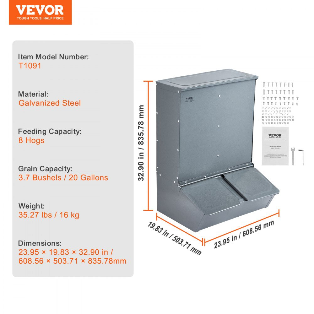 Galvanized steel hog feeder with a 3.7 bushel capacity for up to 8 pigs, featuring rolled edges.