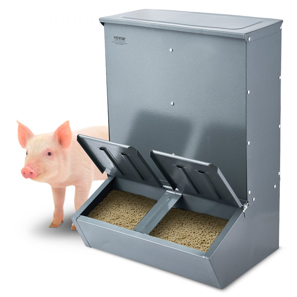 Galvanized steel hog feeder with a 3.7 bushel capacity for up to 8 pigs, featuring rolled edges.
