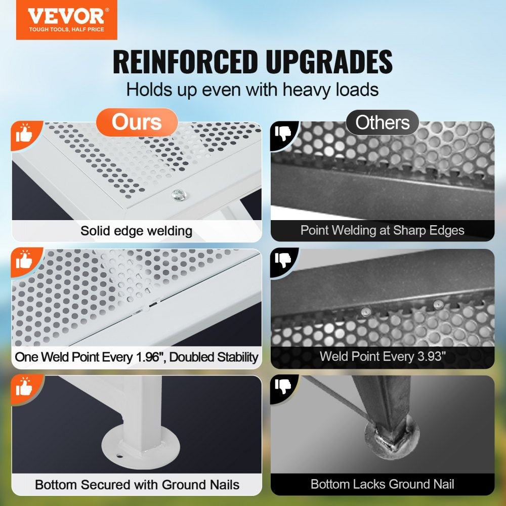 Infographic comparing reinforced welding, stability, and secure nailing of VEVOR livestock stand to competitors.