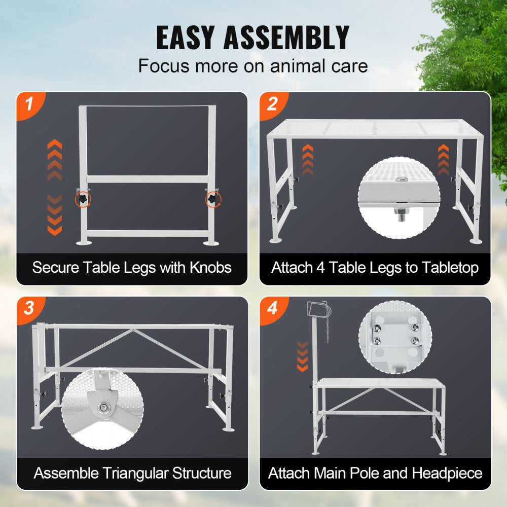 Infographic showing easy assembly steps for a 47x23in adjustable metal goat sheep stand.